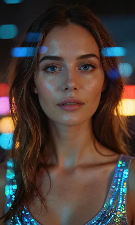 a woman in a silver dress standing in front of a neon light