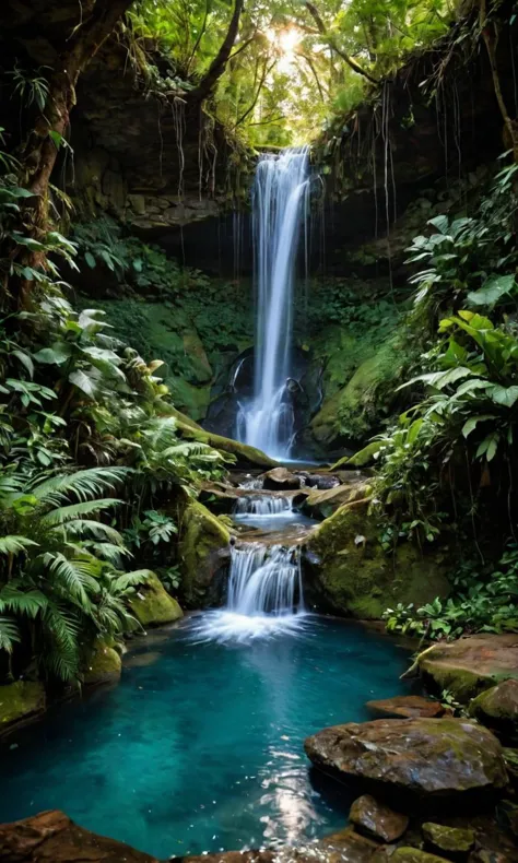 a waterfall in the jungle with a blue pool surrounded by trees