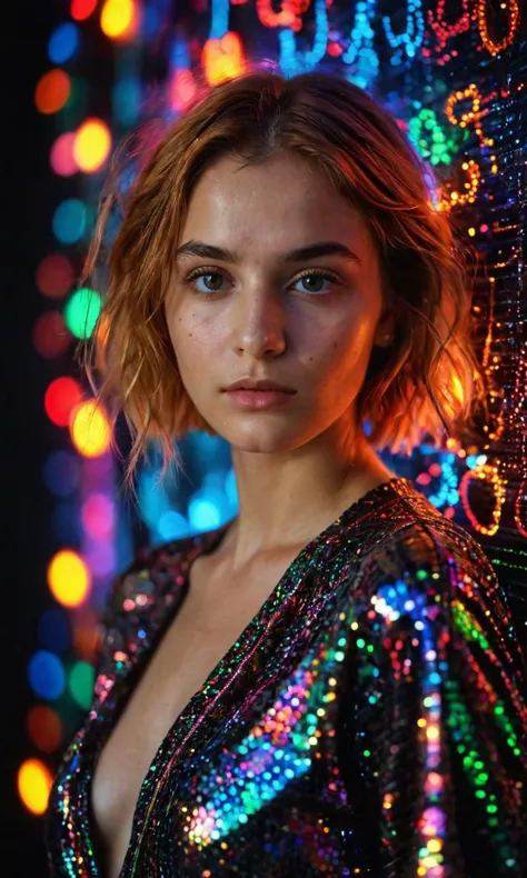 a woman in a sequinned dress standing in front of a christmas tree