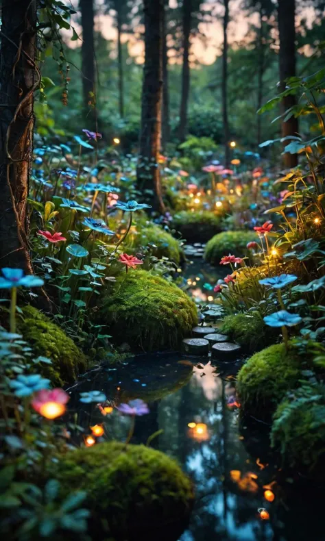 a forest filled with lots of green moss and flowers