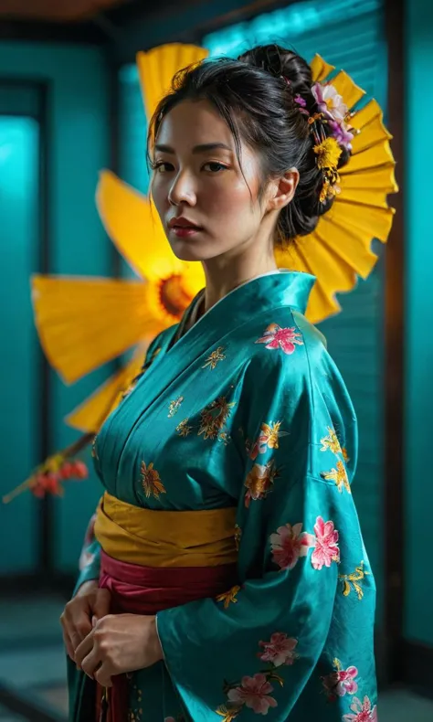 score_9, score_8_up, score_7_up, score_8, volumetric lighting, cinematic photo, dramatic lighting, dynamic pose, woman in kimono, cyberpunk, yellow_sun, teal background