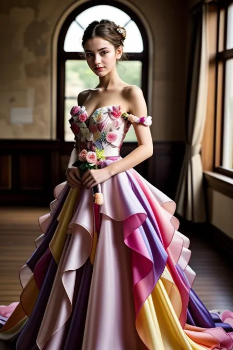 1 girl, full body shot, looking at camera, (18 year old girl:1.5), beautiful detailed skin, BREAK, best quality, photorealistic, HDR, high quality, high-definition
<lora:Floral_Colorful_Gown_By_Stable_Yogi:0.8> multicolored gown, bare shoulders, floral gown