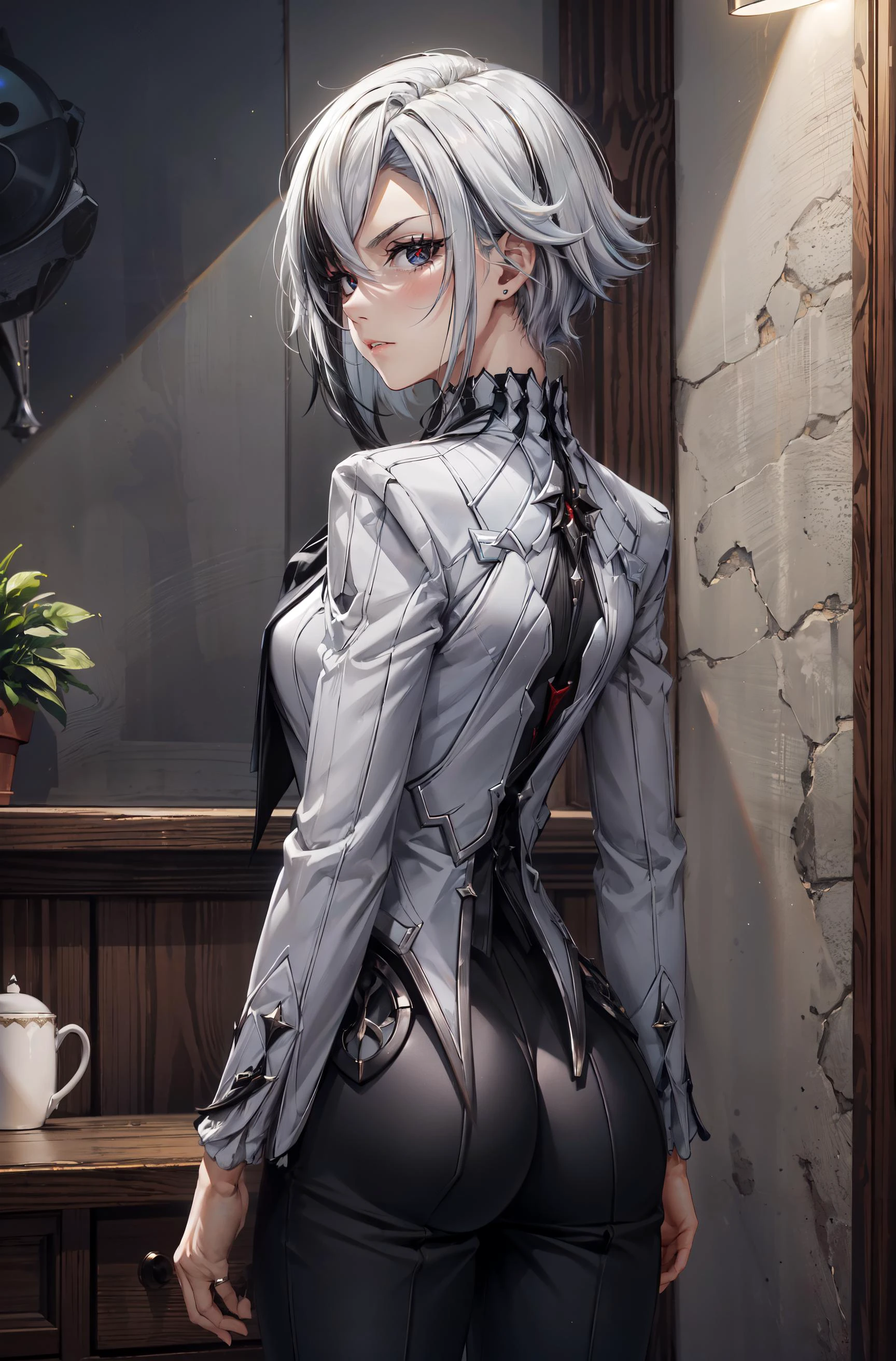 1girl, 1girl, solo, white hair, black hair, multicolored hair, x-shaped pupils, black eyes,formal black pants,superior look,dominant,(from behind),serious face,expresionless,calm face,room,dark room,light from above,spotlight,looking at viewer,masterpiece,extremely detailed CG unity 8k wallpaper, best quality,32k,focus sharp,