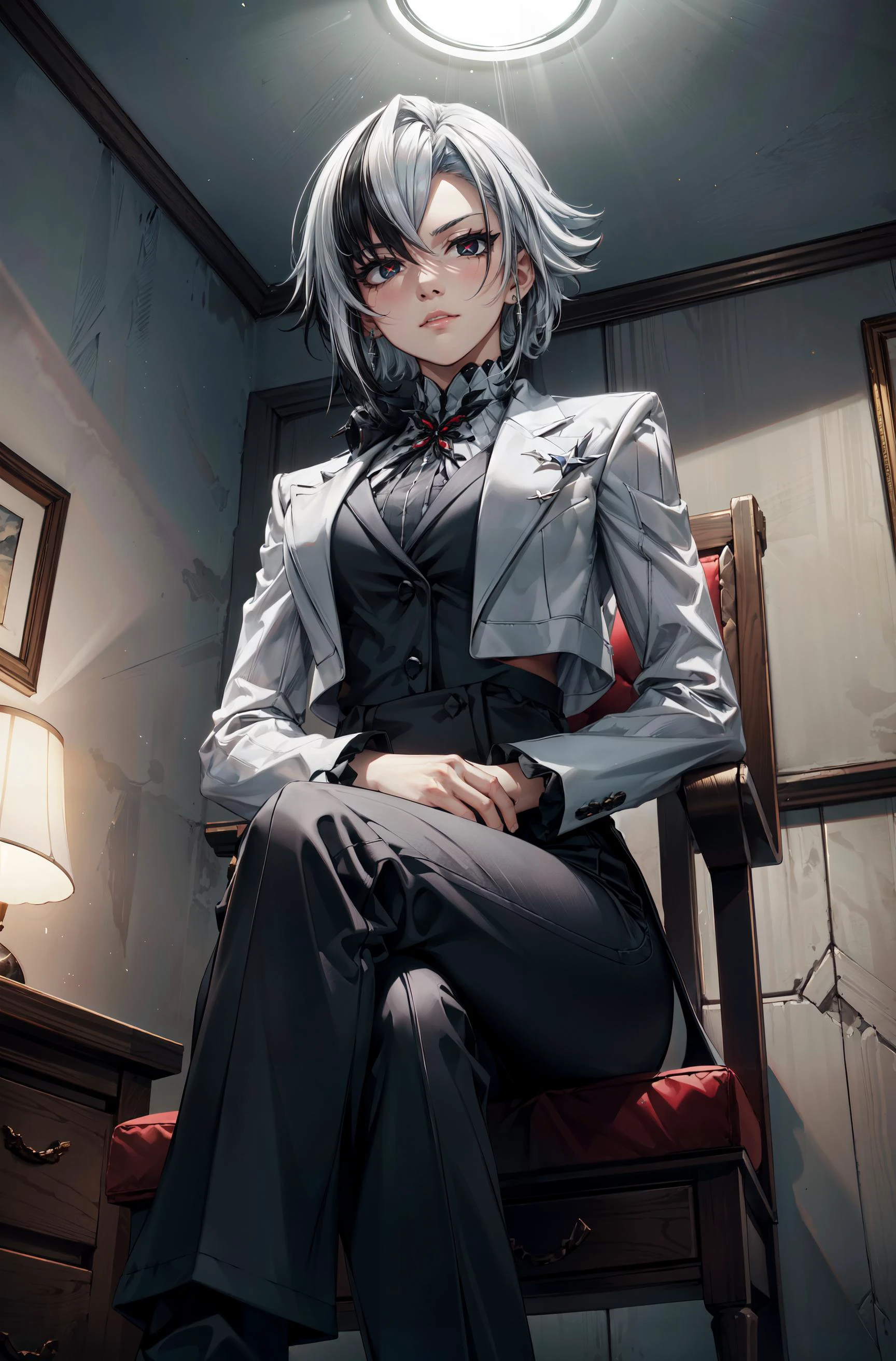 1girl, 1girl, solo, white hair, black hair, multicolored hair, x-shaped pupils, black eyes,formal black pants,sit,sit on throne,crossed legs,superior look,dominant,from below,serious face,expresionless,calm face,room,dark room,light from above,spotlight,looking at viewer,masterpiece,extremely detailed CG unity 8k wallpaper, best quality,32k,focus sharp,