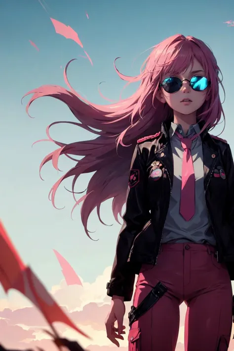 anime girl with pink hair and sunglasses standing in front of a plane