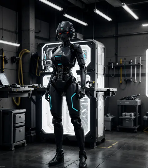 professional photo of a futuristic cybernetic robot girl standing at a workbench working on electronics, intricate, detailed hyperrealistic, trending on artstation, dark cinematic <lora:Droid V2:0.4> <lora:Cyber_Portrait:0.5>