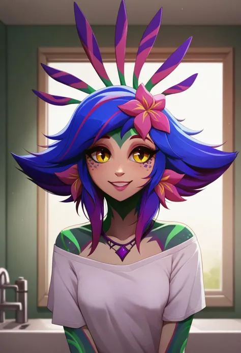 score_9, score_8_up, score_7_up, neeko, Style-Neeko, 1girl, multicolored hair, colored skin, facial mark, forehead mark, hair ornament, lizard tail, oversized shirt hanging from shoulders, in a bathroom, smiling, morning, little tired, bathroom, detailed background, small breasts, standing up right, full lips, 