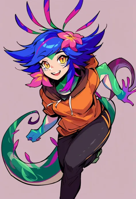 score_9, score_8_up,score_7_up,score_6_up, source_anime,
BREAK
n33ko,
colored skin,green skin,hair ornament,hair flower,multicolored hair,lizard tail, medium breasts,
hoodie,capri pants,
running, smiling, looking at viewer, 
<lora:Neeko_potat-v5:1>,