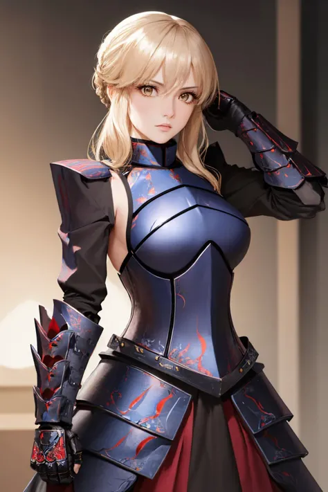 (masterpiece, best quality:1.2), solo, 1girl, sabaltarmor, serious, looking at viewer, armored dress, gauntlets <lyco:fate_saber...