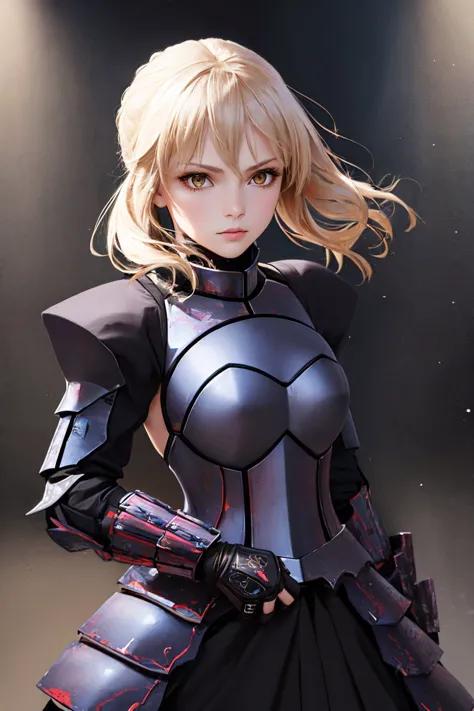 (masterpiece, best quality:1.2), solo, 1girl, sabaltarmor, serious, looking at viewer, armored dress, black armor, gauntlets <ly...