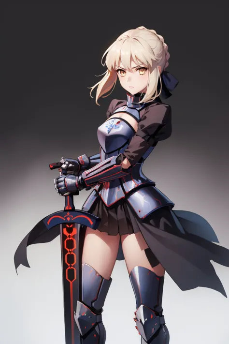 (masterpiece, best quality:1.2), solo, 1girl, sabaltarmor, serious, looking at viewer, (holding sword, excalibur morgan \(fate\):1.1), armored dress, black armor, gauntlets <lyco:fate_saberalter_v2-08:0.9> <lyco:UnlimitedBladeWorks1.6:0.9>