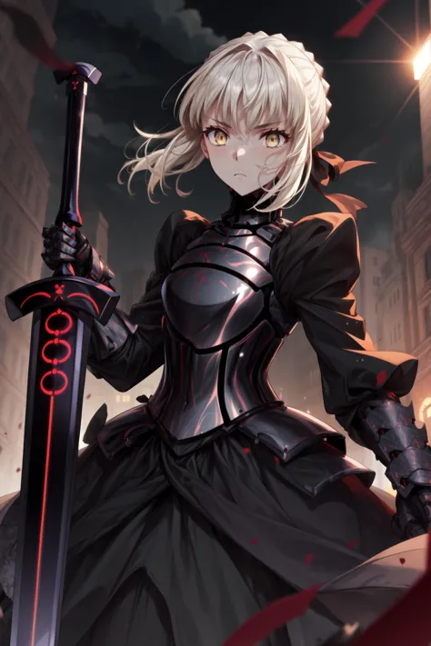 a woman in a black dress holding a sword in a city