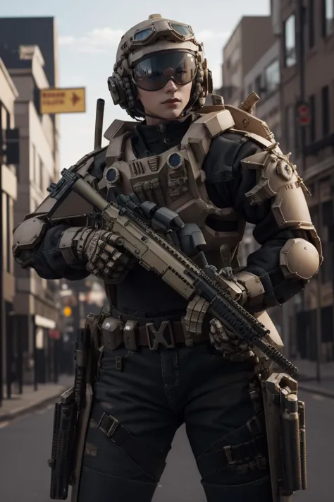 solo,1girl,outdoors,cityscape,(cowboy shot:1.3),<lora:0300 Individual soldier exoskeleton armor suit_v1:0.9>,ruanyi0300,armor,assault rifle,belt,gloves,goggles,holding weapon,m4 carbine,mecha,robot,holding gun,standing,, best quality,masterpiece,highres,official art,extremely detailed cg unity 8k wallpaper