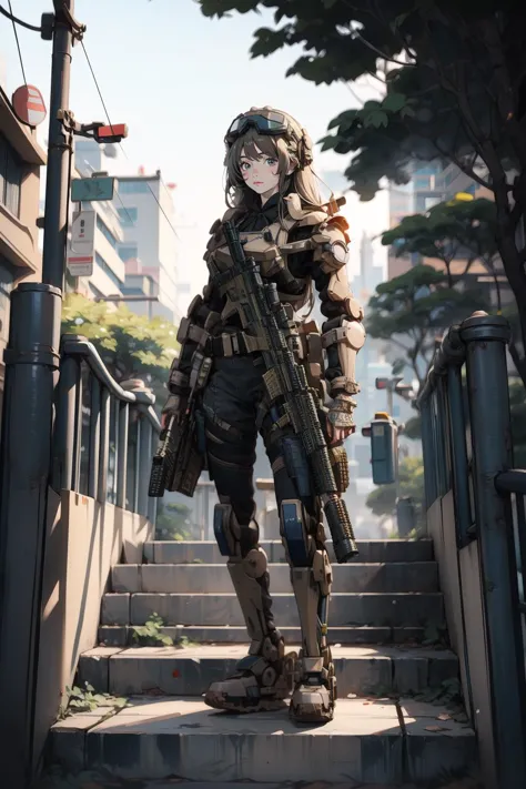 solo,1girl,outdoors,cityscape,<lora:0300 Individual soldier exoskeleton armor suit_v1:0.9>,ruanyi0300,armor,assault rifle,belt,gloves,goggles,holding weapon,m4 carbine,mecha,robot,holding gun,(full body:1.3),standing,, 1girl,solo,tree,long hair,outdoor,stairs,bird,leaves,looking at viewer