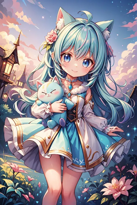 1girl, with cute fluffy creature, kawaii, chibi, smile, captured in a dreamy, ethereal, impressionist style with soft, feathery brushstrokes, a diminutive, fluffy, quadruped creature known as a "Glintle" - withwhite shimmering delicate fur in shades of rose, amethyst, and gold, large, shimmering, opalescent eyes - runs through a fantastical, starry landscape, surrounded by cotton-candy clouds, glittering, stardust-infused wildflowers, and a few stray, glittering, cosmic sparks behind the Glintlel, under a sky with a pretty sunset, 
  <lora:VikingPunkAI:0.5> fairytaleai, dynamic angle