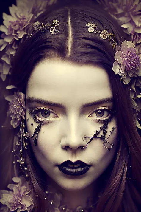 Portrait of sks woman:1.2, (goth), pale skin, black eyeliner, makeup, black and red hair, fairy queen,purple hardlightinleft, re...