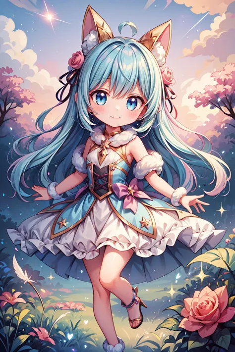 1girl, with cute fluffy creature, kawaii, chibi, smile, captured in a dreamy, ethereal, impressionist style with soft, feathery ...