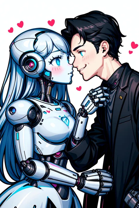 a close up of a person kissing a robot with hearts in the background