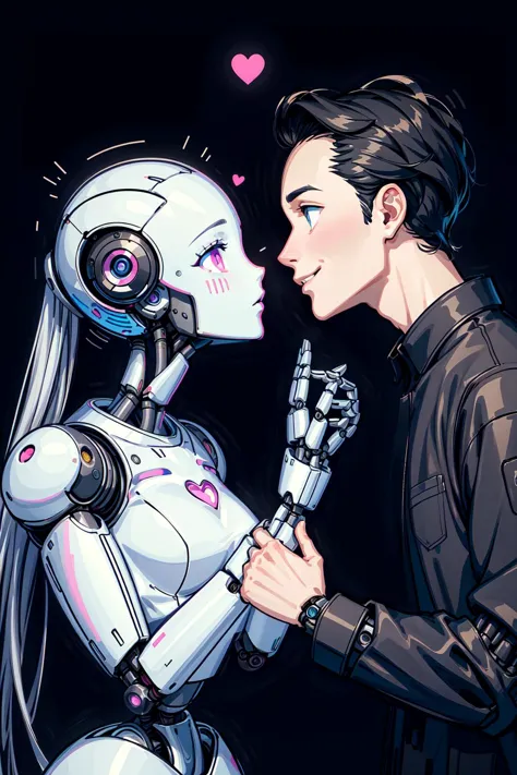 a close up of a person kissing a robot with a heart