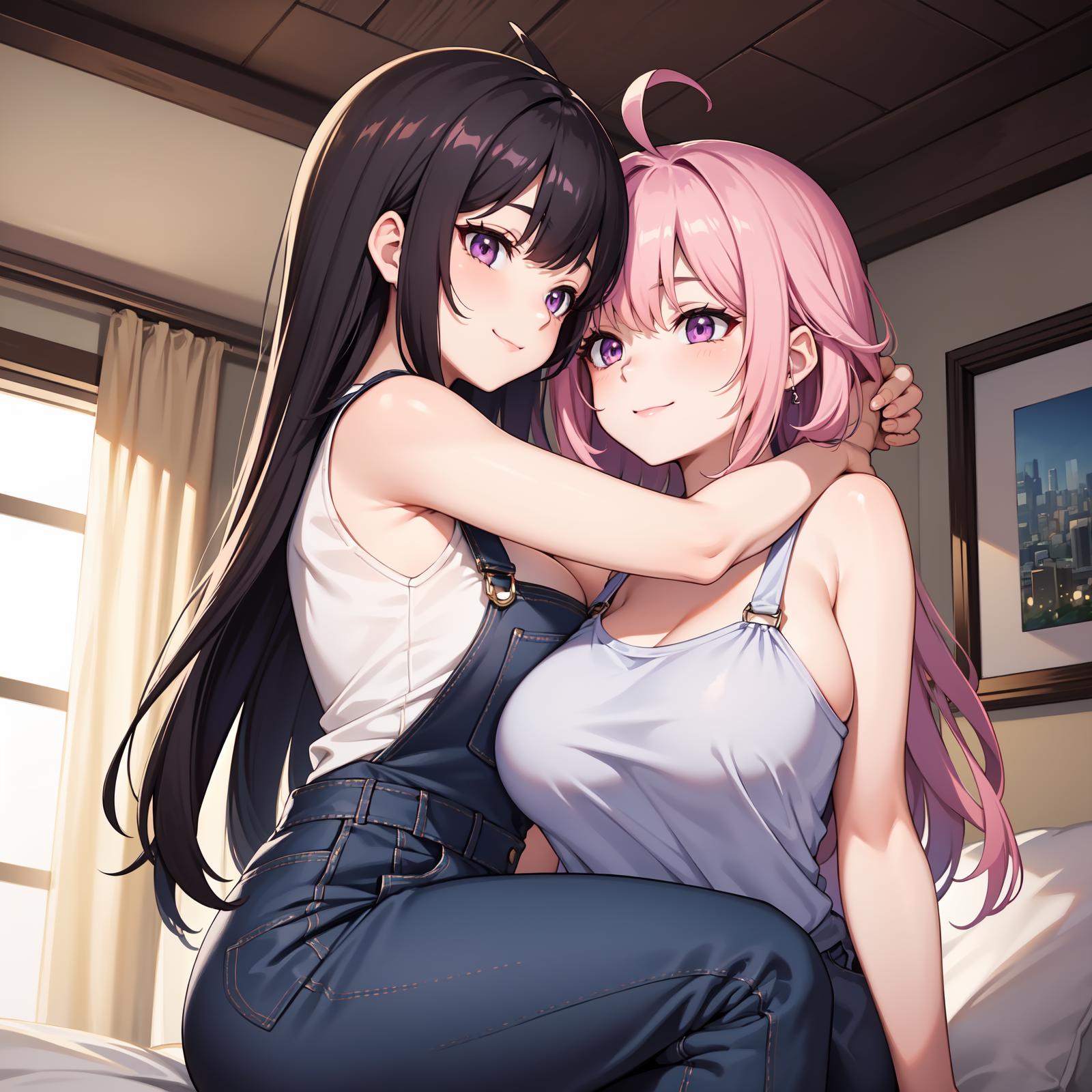 Anime couple hugging on bed with city view in background - SeaArt AI