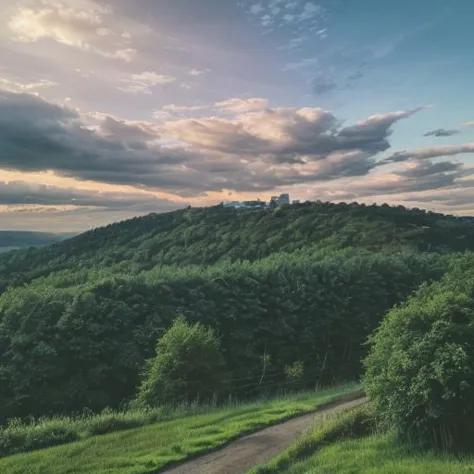 blue sky, building, bush, city, cloud, cloudy sky, day, field, forest, grass, hill, horizon, house, landscape, mountain, mountai...