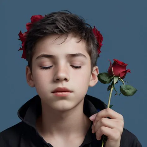 1boy, black eyes, blue background, closed eyes, flower, male focus, red flower, red rose, rose, simple background, solo