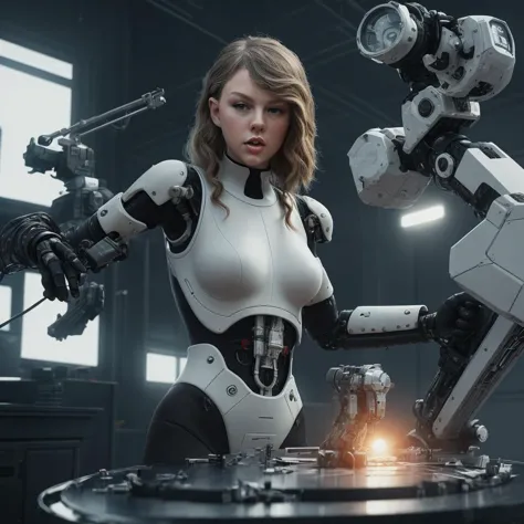 Taylor Swift on cyberpunk operating table with robotic arms in cyberpunk sterile room.,perfect composition,hyperrealistic,super ...