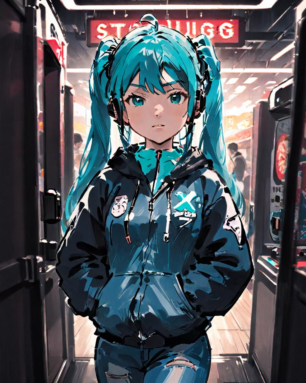 Anime girl with blue hair and headphones in a subway（hatsune miku) - SeaArt  AI