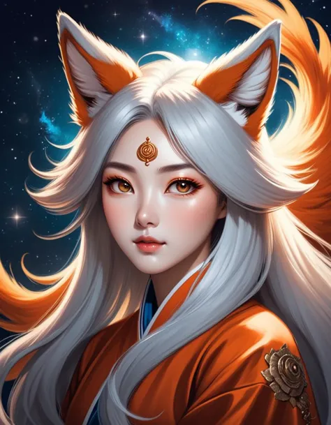 a woman with long white hair and a fox ears