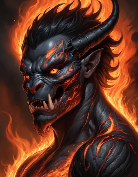 a close up of a demon with fire on his face