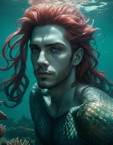 a man with red hair and a mermaid tail is in the water