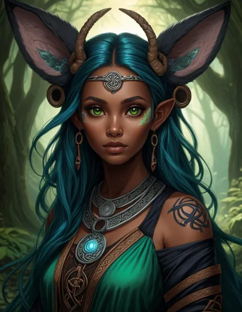 a woman with horns and blue hair in a forest