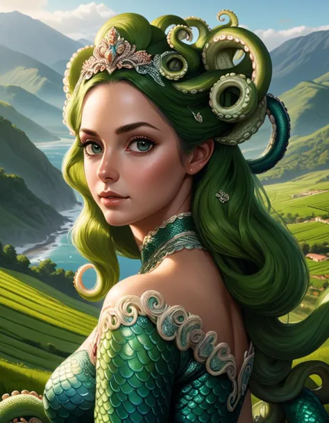 a woman with green hair and a green dress in a valley