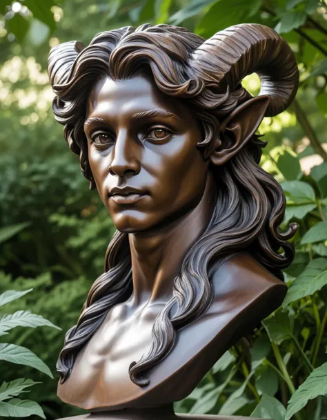 a close up of a bust of a woman with horns on her head