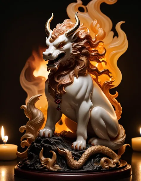 there is a statue of a lion with a fire in the background