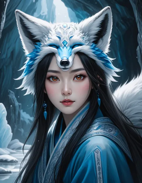 a woman with long black hair and a white wolf headdress