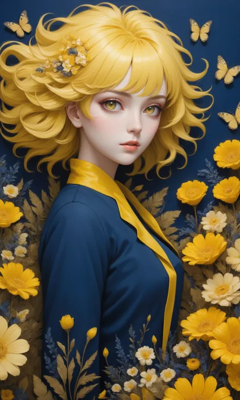 a woman with blonde hair and yellow flowers in her hair