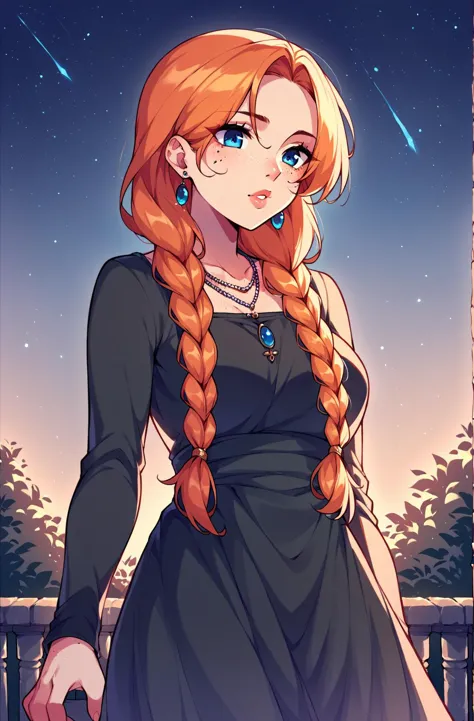 score_9,score_8_up,score_7_up,score_6_up,score_5_up,score_4_up source_questionable, 1girl,solo,long hair,blue eyes,long sleeves,dress,jewelry,braid,earrings,outdoors,sky,necklace,orange hair,black dress,twin braids,lips,night,facial mark,night sky,freckles <lora:Dev_Voxy-v1-PDXL:0.8>,