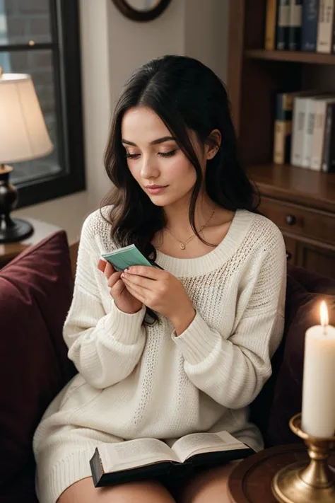 influencer-full-shot-by-stable-yogi 8. "Lifestyle influencer in a cozy, candlelit reading nook. Wearing comfy knits, she shares ...