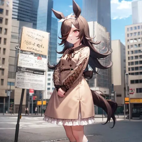 anime girl in a brown coat and white dress standing on a city street