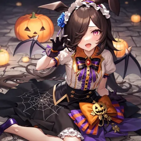 masterpiece, best quality,
rice shower \(umamusume\),
 claw pose, fangs, wariza,
official alternate costume, halloween costume, hair flower, blue rose, hair ornament, frilled hairband, purple gloves, striped bowtie, black bowtie, brooch, puffy short sleeves, bat wings, collared shirt, white shirt, center frills, jack-o'-lantern, orange bow, high-waist skirt, medium skirt, purple skirt, spider web print, black skirt, purple footwear,
<lora:rice_shower_loha:0.8>