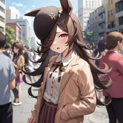 anime girl with long hair wearing a hat and a brown jacket