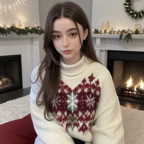 a woman sitting on a couch in front of a fireplace