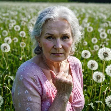 older woman in a field of dandelions with a pink shirt