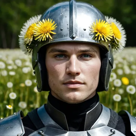 RAW photo, hero portrait of a ((male)) 30 year old warrior, wearing an armor fully made of dandelions with a helmet, full sharp,...