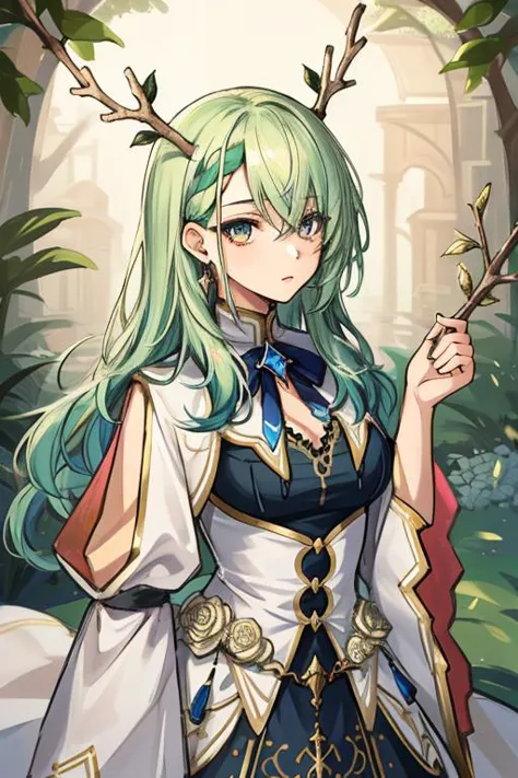 a woman with long green hair and a white dress holding a stick