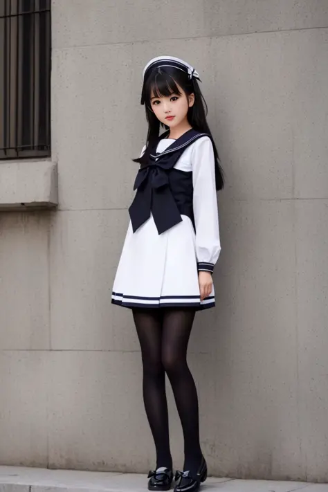 modelshoot style, (extremely detailed CG unity 8k wallpaper),1girl, solo, long_hair, shoes, bow, sailor_collar, long_sleeves, standing, pantyhose, black_footwear, arms_at_sides, school_uniform, white_sailor_collar, black_legwear,photorealistic,by Secrethoney style