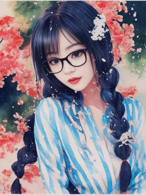 1girl, breasts, blue and white vertical stripes shirt, glasses, akizuki ritsuko, twin braids, twin ahoge, chinese,(sketch),(wash...
