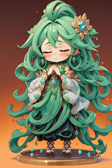 <lora:3DKawaii:0.8> Kawaii Figurines Style, gradient background, pants, closed eyes, chibi, closed mouth, jewelry, long sleeves, standing, own hands together, dress, sandals, very long hair, full body, solo, blush, 1girl, gradient, hair ornament, gem, long hair, earrings, wide sleeves, green hair