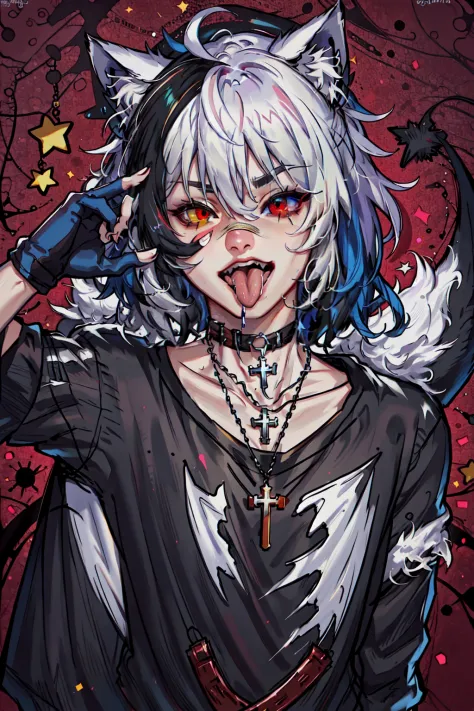 solo, looking at viewer, open mouth, blue eyes, shirt, red eyes, gloves, 1boy, animal ears, hair between eyes, jewelry, upper body, white hair, male focus, teeth, choker, tongue, black gloves, artist name, tongue out, fingerless gloves, necklace, star, (symbol), collar, animal ear fluff, black shirt, heterochromia, fangs, watermark, black choker, cross, bandaid, red background, cross necklace, finger in own mouth, mouth pull, <lora:GothConcepts:0.8>